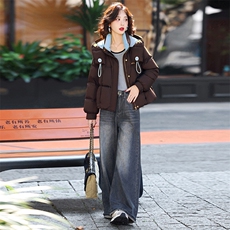 藏青色休闲连帽短款羽绒服女2025冬季新款宽松加厚保暖白鸭绒外套，女装羽绒服，歌伊格美