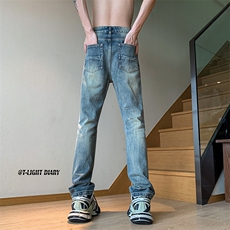 B221美式ins高街小众五角星假破洞小脚牛仔裤LK23027-P65控88，男装牛仔裤，电商B221