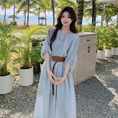 法式高级感连衣裙女2025春夏新款蓝色高腰显瘦七分袖度假风长裙子，女装连衣裙，2C122
