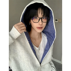 网图现货潮双面穿格子连帽卫衣外套男女情侣装WT30-P68，女装短外套，电商C310