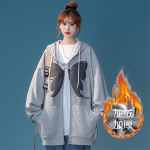 连帽卫衣女秋冬季2025新款学生宽松时尚百搭加绒拉链开衫外套上衣图片