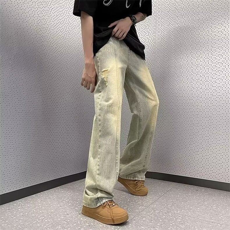 美式复古牛仔裤破洞宽松阔腿高街潮牌直筒长裤男N2266-p42加绒52,男装牛仔裤,星座1008-2