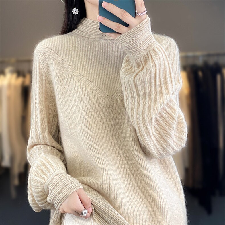 泡泡袖半高领羊毛衫女100羊毛针织衫宽松衫毛衣内搭上衣冬,女装羊毛衫,鸿陌羊绒