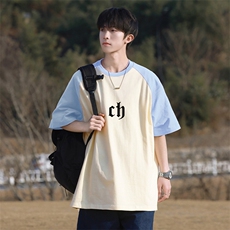 抖音得物高品质二开240克宽松纯棉美式潮牌插肩袖拼接短袖T恤，男装T恤，电商A486