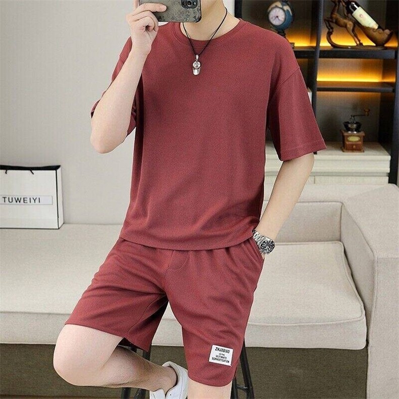 83658-P55夏季圆领短袖T恤男休闲时尚短裤套装男生纯色夏装一套，男装休闲套装，电商D310B-1