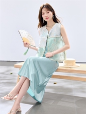 夏季新款现货！2026新中式拼接款重工刺绣马甲+珍珠吊带裙套装女，女装套装/套裙，宝儿家