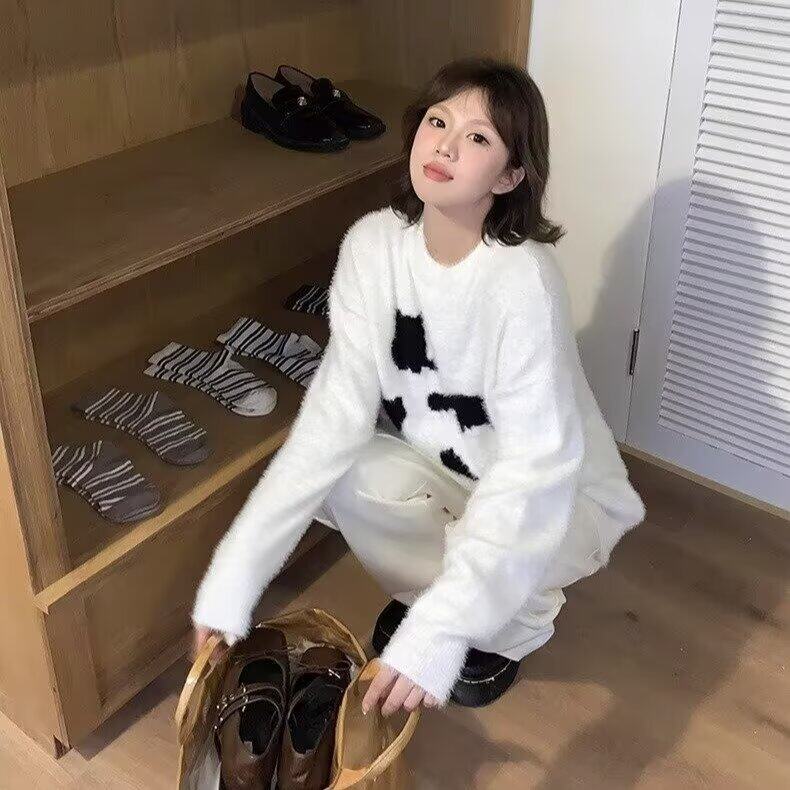 冬季卡通猫咪仿貂毛圆领毛衣男款美式复古宽松百搭情侣针织上衣潮,男装针织衫/毛衣,星座516A