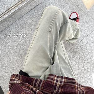 XZ612-K936-P55 控68 现货！秋款 立体裁剪铆钉美式黄泥色牛仔裤1图片