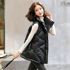 欧洲站2025秋冬新款白鸭绒立领亮面短款马甲羽绒服女马夹短外套潮，女装羽绒服，意芙