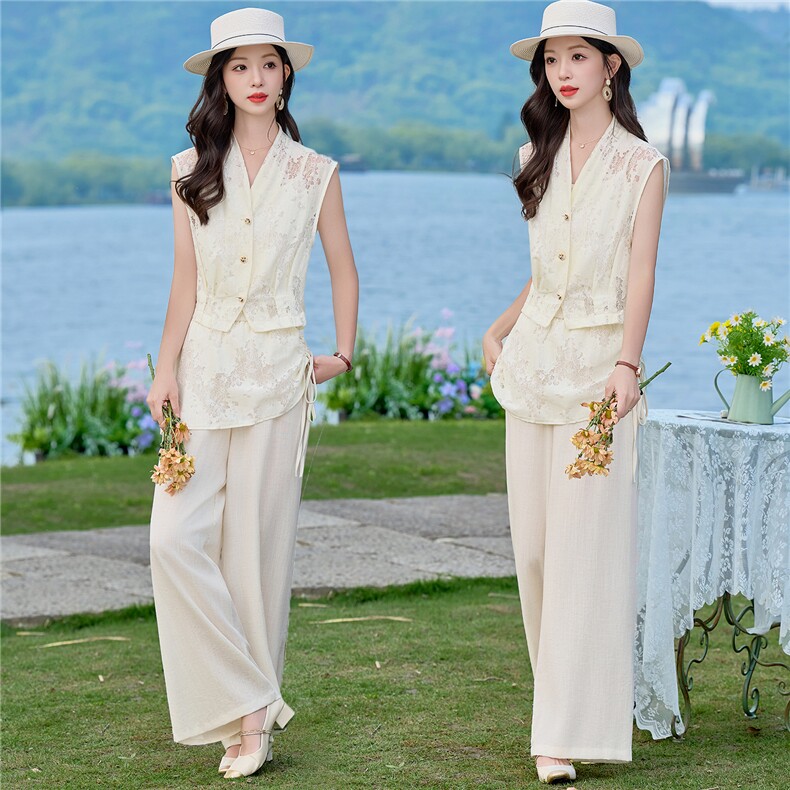 （新款现货）2026夏装潮流V领蕾丝上衣+屁帘棉麻阔腿裤套装两件套,女装套装/套裙,印象茜