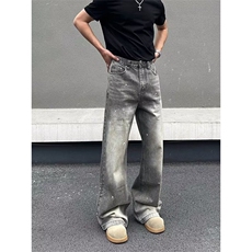 美式复古泼墨微喇牛仔裤男cleanfit直筒水洗做旧高街长裤，男装牛仔裤，星座506A