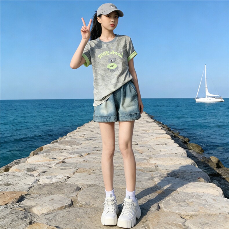 韩系休闲运动时尚套装女夏新款圆领扎染刺绣上衣牛仔短裤两件套潮,女装套装/套裙,江南