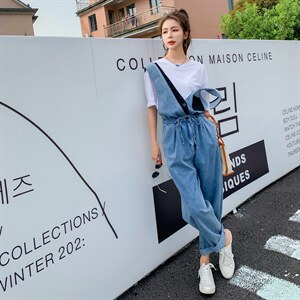 现货新品时尚韩版牛仔背带裤长裤两件套套装图片