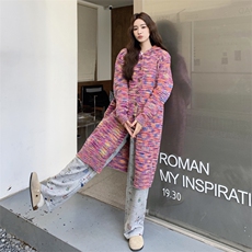 甜美粉色连帽针织上衣碎花休闲裤套装女春秋ootd减龄两件套巨好看，女装套装/套裙，2C087