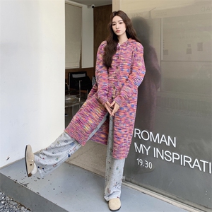 甜美粉色连帽针织上衣碎花休闲裤套装女春秋ootd减龄两件套巨好看图片