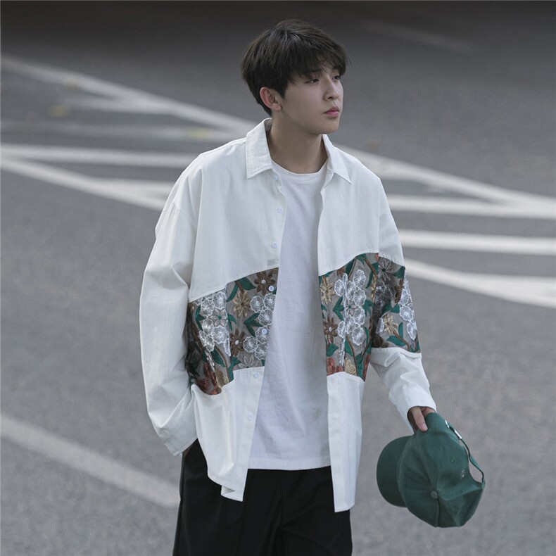 港风长袖衬衣男情侣大码M-5XL中性风刺绣潮长袖衬衫男CS9743P50,男装衬衫,星座227-7