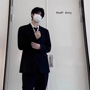 高级感黑色西装套装男韩版潮流痞帅休闲西服外套商务正装结婚礼服图片