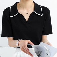 2025夏季薄款冰丝针织T恤女翻领短袖宽松纯色大码凉感polo上衣，女装T恤，朝辰羊绒