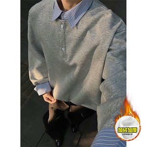 重磅加绒硬挺boxy男女美式高街假两件衬衫领长袖卫衣POLO领打底衫,男装T恤,电商A486-1