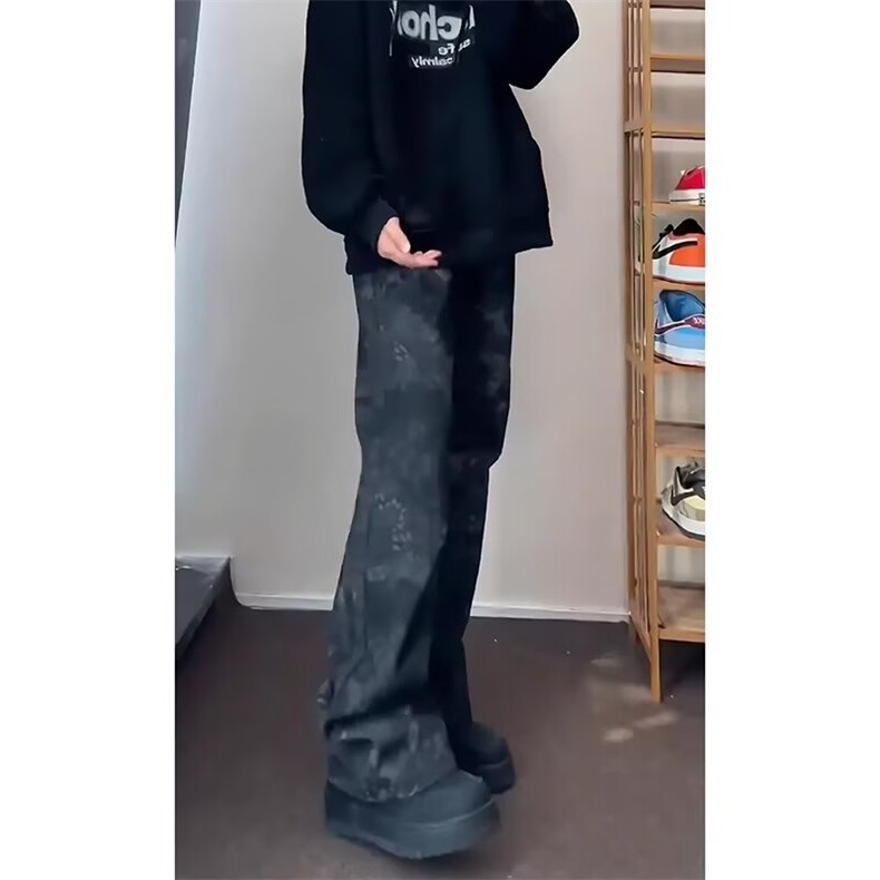 现货 潮流迷彩蛇纹高腰牛仔裤男女修身直筒裤LS60311-P44 加绒53图片