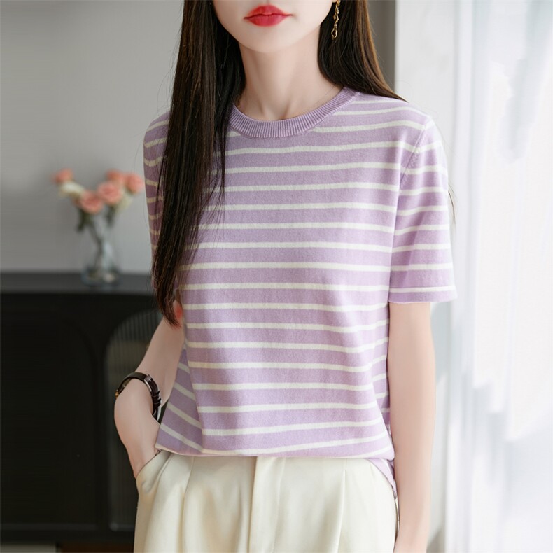 条纹圆领纯棉针织短袖T恤女2025夏宽松背心半袖百搭小衫打底上衣,女装T恤,秋双羊绒