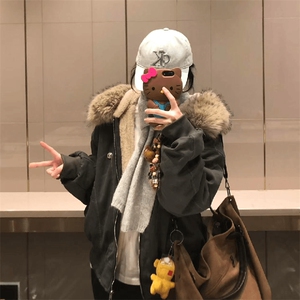 现货重磅boxy短款棉衣座山雕大毛毛领男女棉服水洗工装厚外套图片