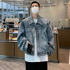 小众设计感复古垫肩牛仔外套男金属卡扣拼接夹克W6746-67，男装工装外套，星座412-3