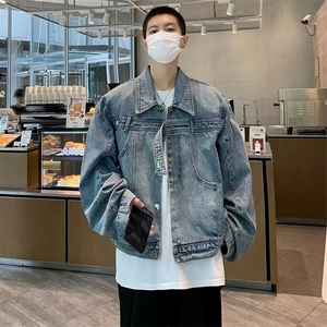 小众设计感复古垫肩牛仔外套男金属卡扣拼接夹克W6746-67图片