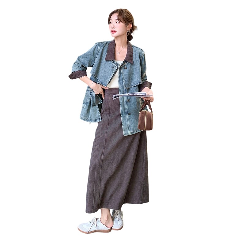 现货2D078-T1957-P195K278灯芯绒拼接牛仔上衣+半裙2件套,女装套装/套裙,2D078