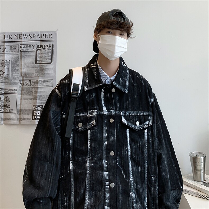 潮复古喷漆做旧设计感牛仔夹克男痞帅外套JK0331-P68图片