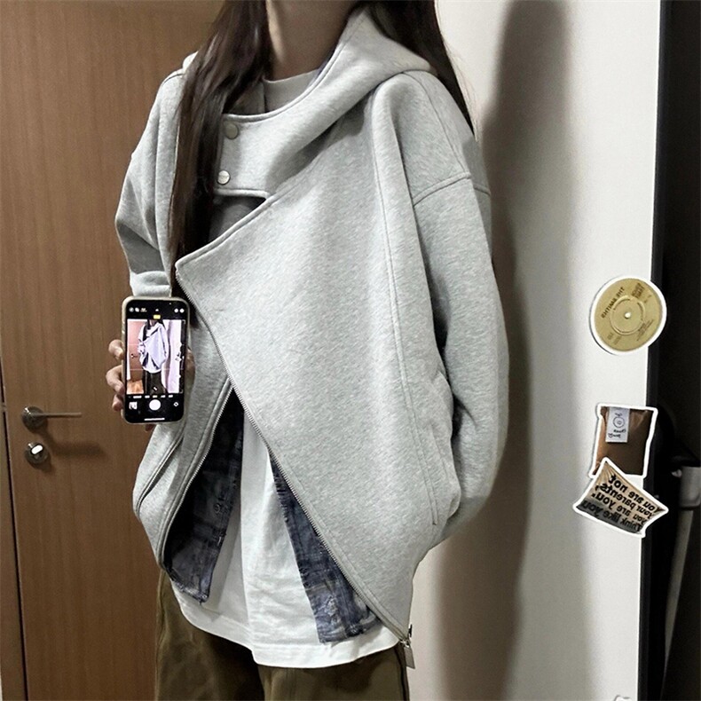 抖音得物品质26春装美式重磅结构斜拉链高领连帽卫衣开衫外套W61,女装短外套,电商A486