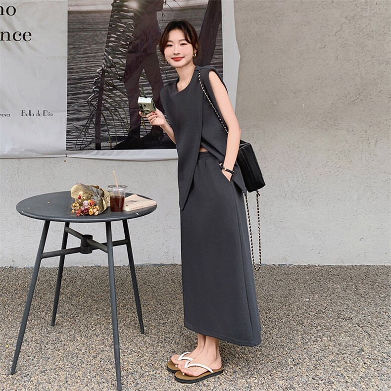 设计感小众时尚炸街气质休闲套装女夏新款小个子长款半身裙两件套,女装套装/套裙,2C095