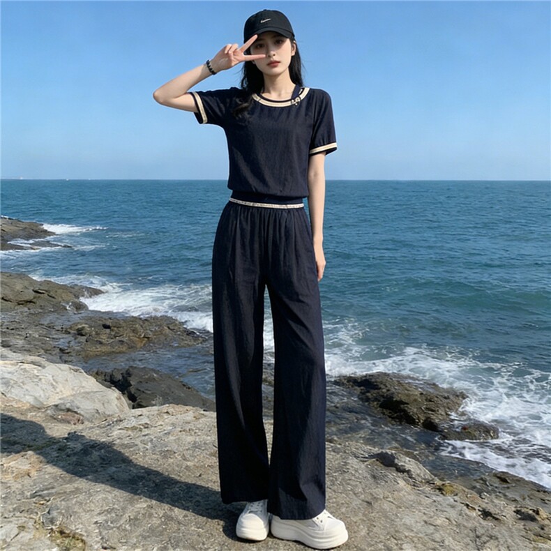 时尚潮流休闲套装女夏季新款高级感显瘦收腰拼接短袖阔腿裤两件套,女装套装/套裙,江南