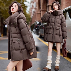 美拉德咖色宽松羽绒服女2024冬季新款大口袋连帽中长款白鸭绒外套，女装羽绒服，悦祺