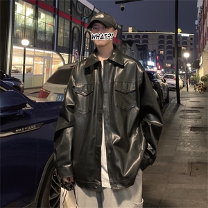 外套男春秋季宽松休闲工装皮夹克美式复古机车皮衣炸街男装高级感图片