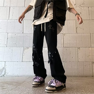 美式高街牛仔裤男2024做旧复古中腰宽松直筒休闲长裤子RK697-P41