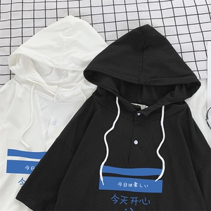 LD54033-P45 连帽短袖t恤男大码胖子带帽五分袖中袖图片