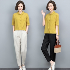 夏季套装2024新款女士休闲棉麻上衣小脚裤宽松薄款透气时尚两件套，女装套装/套裙，璐依舞