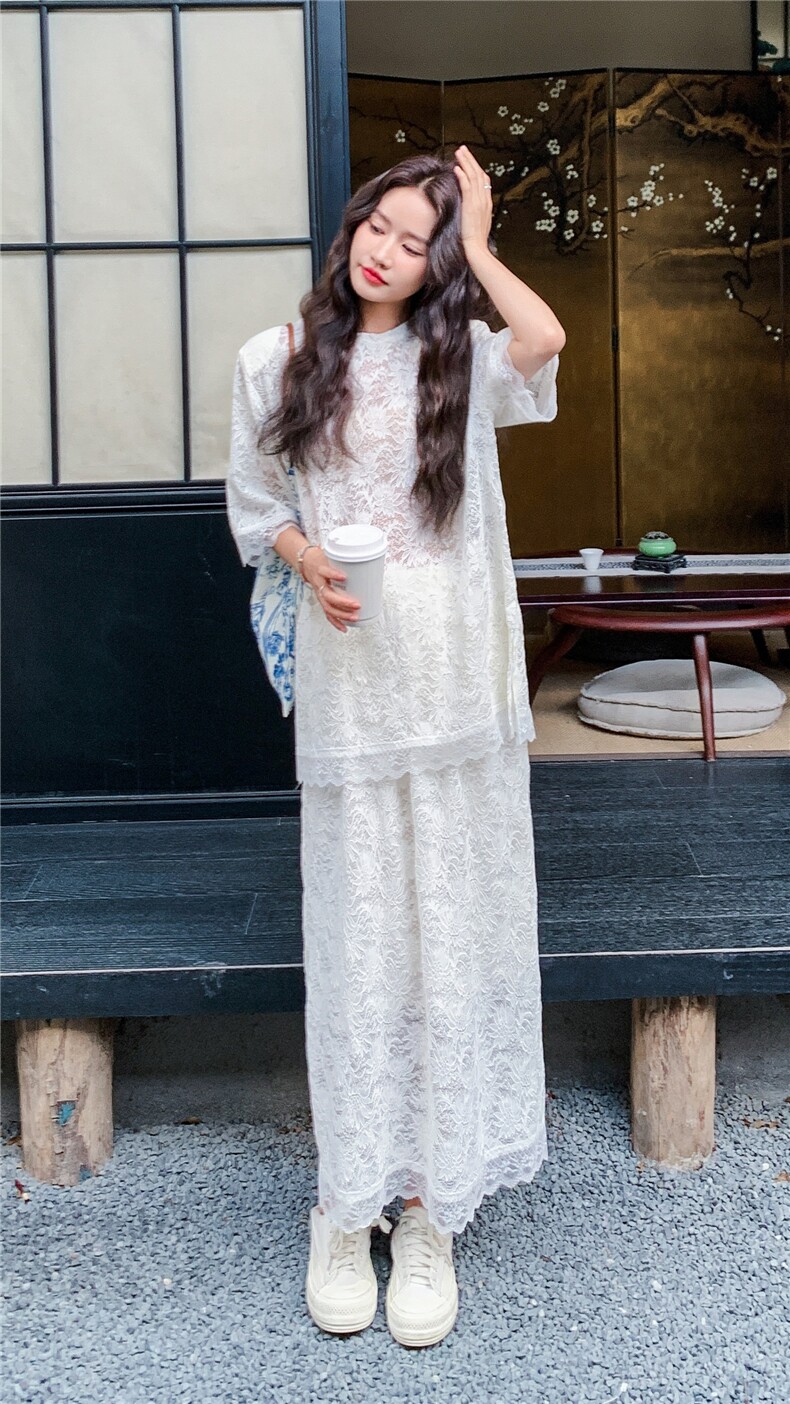 白色高级感蕾丝T恤套装裙女2025夏季新款韩系松弛感半身裙两件套,女装套装/套裙,2C317