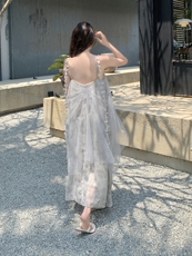 法式温柔风网纱拼接吊带连衣裙女夏季2025年新款超好看蝴蝶结长裙，女装连衣裙，浙宝203