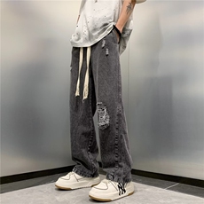 美式高街破洞牛仔裤男女ins潮牌hiphop宽松直筒长裤N01709-P48，男装牛仔裤，星座308B-1