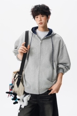 8XL-M秋连帽卫衣男宽松休闲纯色拉链开衫外套拼色帽衫运动WY27P65，女装短外套，电商D206-1