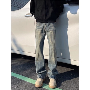 美式闪电纹做旧牛仔裤男潮牌春秋新款直筒微喇vibe高街显瘦长裤子