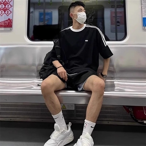 抖音得物品质 夏季美式高街纯棉三条杠织带男女短袖T恤 ZD588特25图片