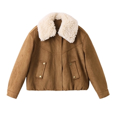 现货2025年冬季新款麂皮绒加棉棉衣羊羔毛毛领时尚棉衣，女装棉衣/棉服，悦祺