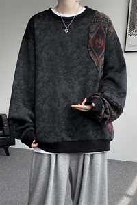 现货 WY10169-特P50新中式重磅圆领拼接长袖套头上衣大码卫衣外套图片