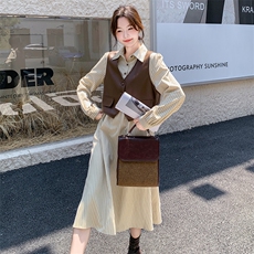 法式复古PU皮马甲连衣裙套装女2024秋季气质显瘦条纹衬衫裙两件套，女装连衣裙，2C129