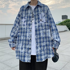 高街vibe风刺绣扎染格子衬衫男女潮复古小众宽松工装外套HC77-P43，男装衬衫，星座1008