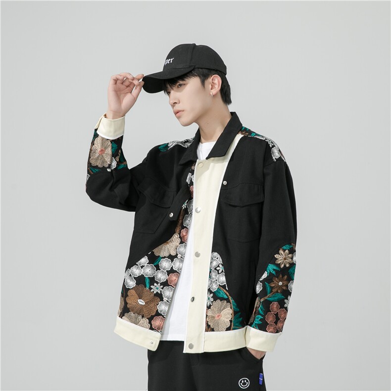 潮日系秋季植物刺绣工装夹克男棒球服情侣外套洗水处理升级版,男装夹克,电商A011（原4039）