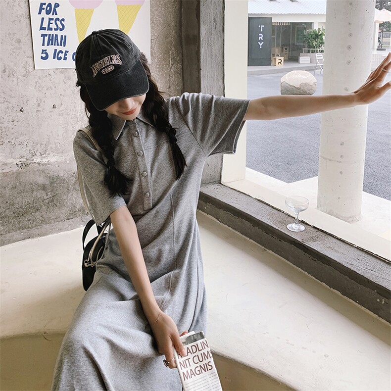 纯色POLO领连衣裙夏季新款泡泡袖修身简约通勤百搭休闲运动风长裙,女装连衣裙,一九零